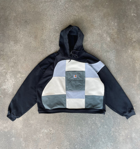 green denim color block hoodie