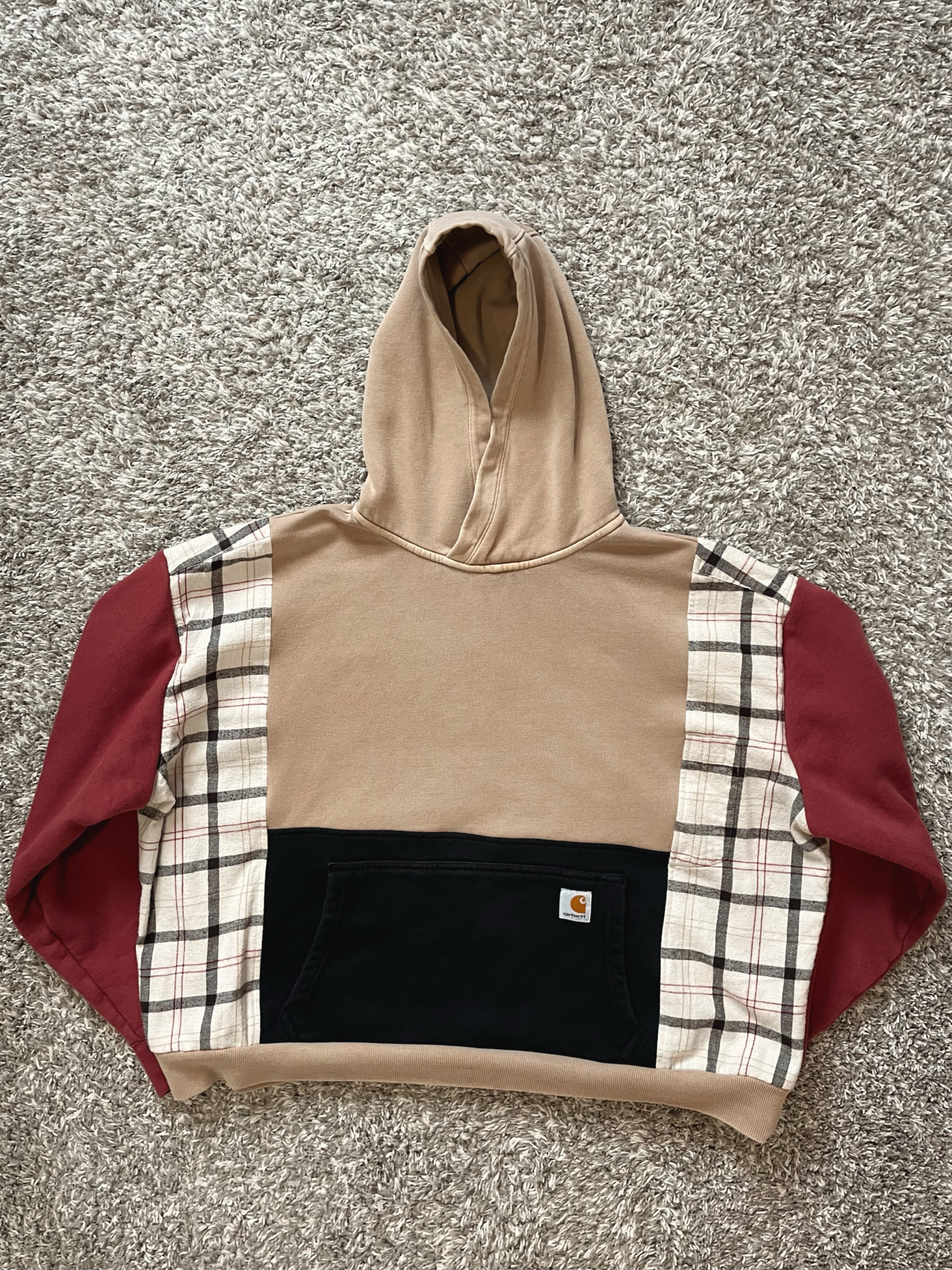 red/tan flannel hoodie